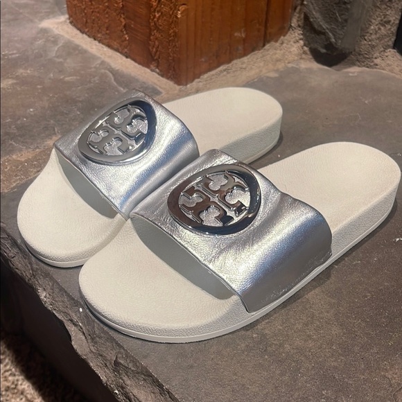 Tory Burch Silver Slide Sandals - Picture 1 of 7